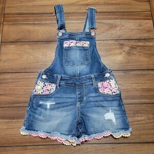 Jordache Girls Denim Shorts Overalls Knit Pastel Flower Trim - Size M (7-8)
